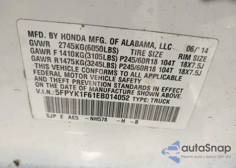 2014 Honda Ridgeline Se from USA, damaged, VIN 5FPYK1F61EB014052